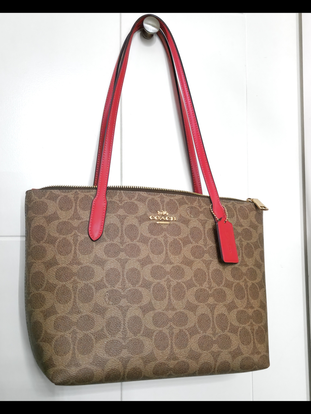 Coach Fiona Signature Tote Handbag Brown/Red